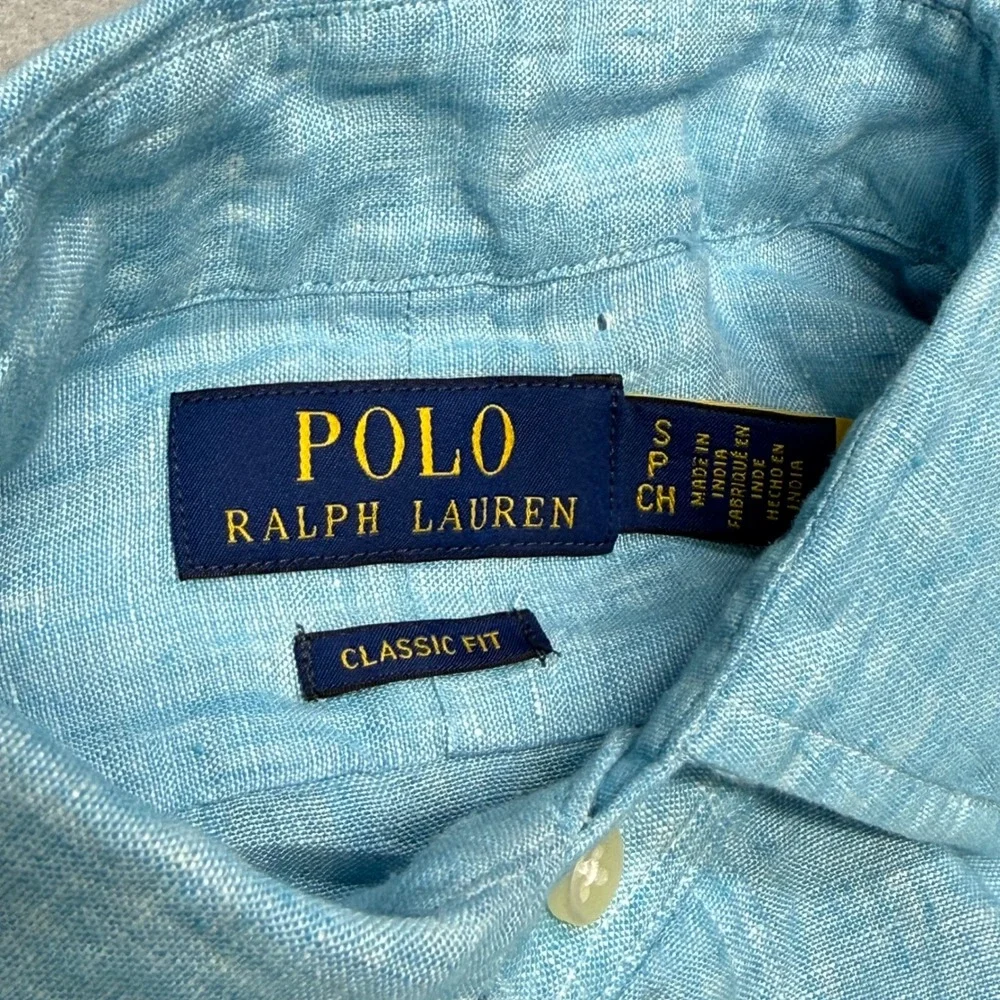 Polo Ralph Lauren Men Small Blue Linen Button Up Shirt Classic Fit Long Sleeve